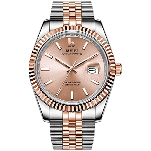 [BUREI]メンズ自動巻き機械腕時計ンシンプルビジネス防水シルバーローズゴールドウォッチ男性ファッションプレゼントA